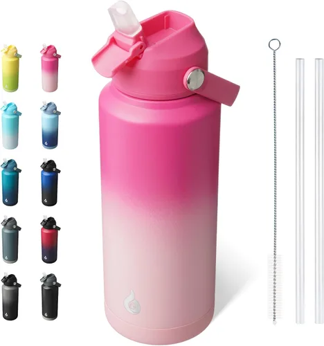 Miniatura 22 de BJPKPK - Botella de agua aislada con tapa de popote, 532 ml Botellas termo con boquilla suave, asa flexible y base antideslizante, libre de BPA, a