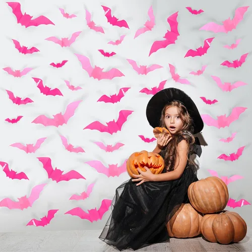 Whaline 112 piezas de decoración de pared de Halloween, murciélagos 3D con adhesivo de espuma, rosa y rojo rosa, impermeables, calcomanías de Rosa