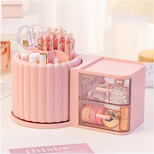 Miniatura 9 de Vaso giratorio de 360 grados para brochas de maquillaje, lindo organizador de brochas rosa, soporte extraíble de 7 ranuras giratorio para brochas