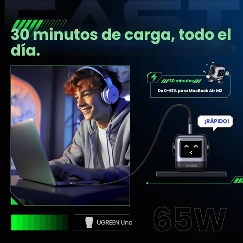 Miniatura 3 de UGREEN Uno - Bloque de cargador USB C de 65 W, Nexode 3 puertos GaN cargador rápido con pantalla, divertidos regalos de robot para hombres y Negro