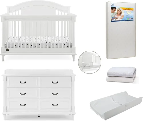 Delta Children Simmons Kids Juliette - Juego de muebles para guardería de bebé de 7 piezas. Incluye: cuna convertible, cómoda, cambiador, colchón de