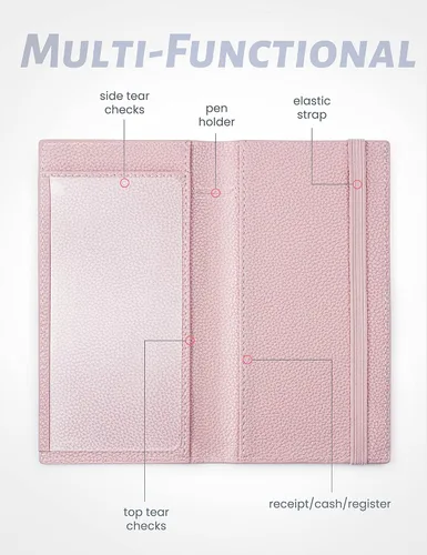 Miniatura 2 de Yarnic Funda para chequera personal, soporte para chequera con soporte para bolígrafo y divisor de plástico transparente integrado para cheques Rosa