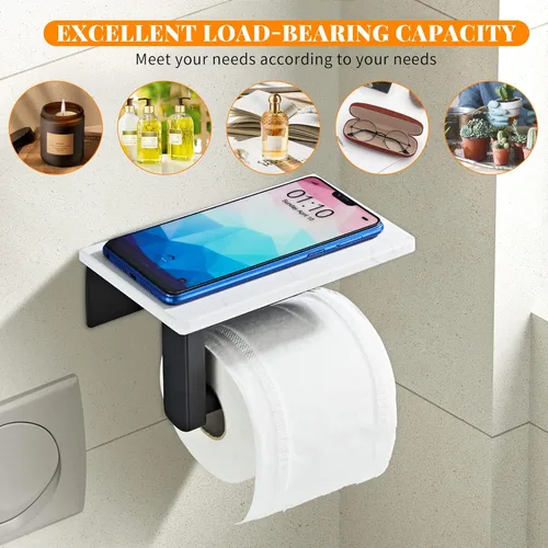 Miniatura 6 de Soporte de papel higiénico negro mate con estante, tornillo de acero inoxidable 304 montado en la pared, soporte de rollo de papel de mármol