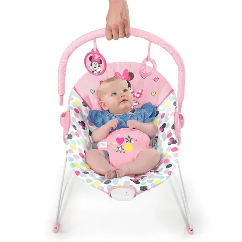 Miniatura 8 de Bright Starts Disney Baby Minnie Mouse Balancín para bebé con vibraciones relajantes y peluche Asiento para bebé - Barra de juguete extraíble, pies