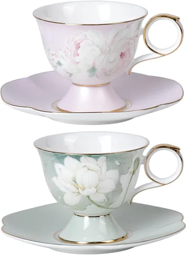 Miniatura 18 de KAMMAK Juego de 2 tazas de café de cerámica, tazas de café de porcelana con platillos, 6.52 onzas hechas a mano, elegante taza de té de porcelana