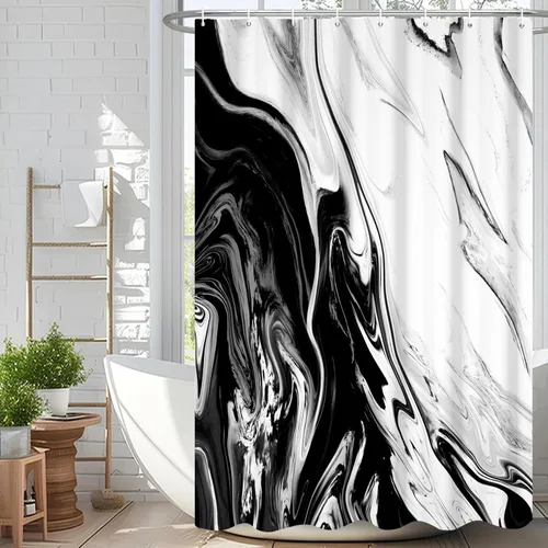 Miniatura 66 de Cortina de ducha abstracta de mármol negro gris y dorado con grietas, cortina de baño moderna ombre impresa, cortina impermeable y lavable de tela