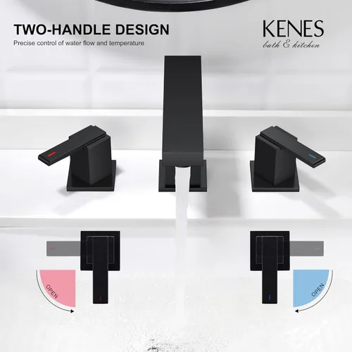 Miniatura 5 de KENES Grifo de Baño Extendido Negro Mate de Dos Manijas, Grifos de Lavabo de Baño Negro de 3 Orificios, 8 Pulgadas, Grifo de Tocador de Baño de 3