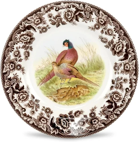 Miniatura 13 de Spode Woodland - Plato de ensalada de porcelana fina, diseño de lucioperca con borde floral marrón, vajilla clásica de campo inglés para cenas