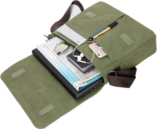 Miniatura 5 de Bolso bandolera de lona vintage para hombres y mujeres, bolsa de hombro de viaje para laptop de 13.5 pulgadas, bolsa para libros (verde militar)