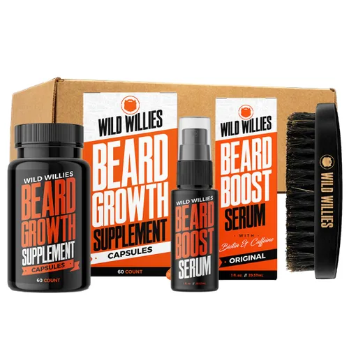 Wild Willies Kit de crecimiento de barba todo en uno, incluye aceite de suero para aumentar la barba y suplemento para el crecimiento, cepillo de