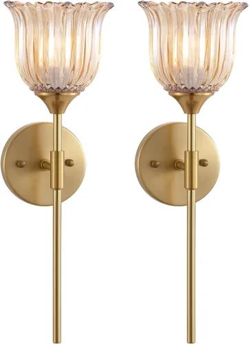 Miniatura 10 de BYOLIIMA Aplique de pared dorado de 2 luces con pantallas de vidrio ámbar, moderno de mediados de siglo, accesorios de luz de pared para tocador