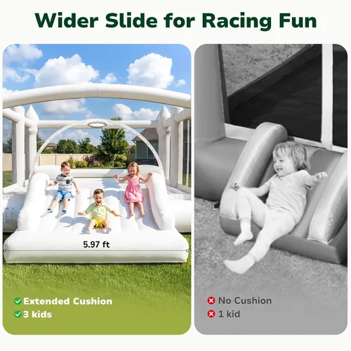 Miniatura 5 de Hapfan Casa inflable blanca para niños grandes, castillo animoso grande de 15 x 12 pies con soplador, tobogán más ancho y aro de baloncesto