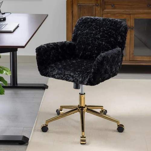 Silla de escritorio de oficina peluda, piel sintética, tapizada, silla de tocador de maquillaje, silla giratoria de altura ajustable, color negro