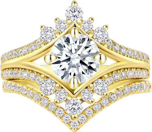Sheloves - Juego de anillos de compromiso de boda con forma de corona vintage, oro rosa, plata de ley, anillo apilable de cheurón 5-12