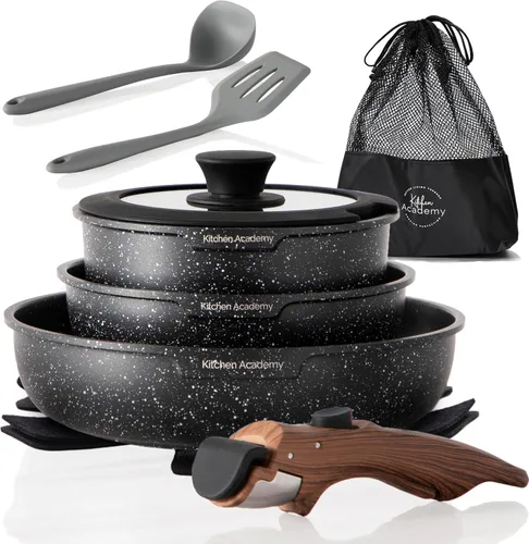 Kitchen Academy Juego de Ollas y Sartenes de Inducción con Mango Desmontable - 10 Piezas Juegos de Utensilios de Cocina Antiadherentes, Granito Negro