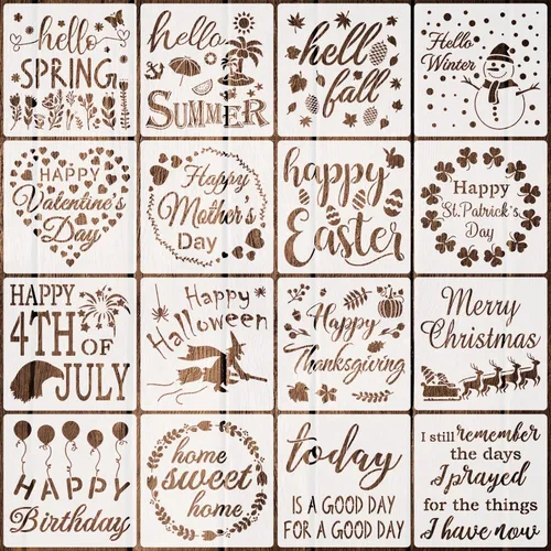16 plantillas de letreros de temporada para el hogar, plantillas reutilizables para pintar en paredes de madera, decoración de puerta del hogar (7.9