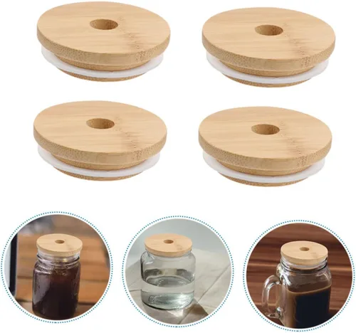 Miniatura 4 de UPKOCH Tarro de conservas para tarros de yogur, 4 unidades, tapas de bambú, tapa de tarro de vidrio, tapa de madera