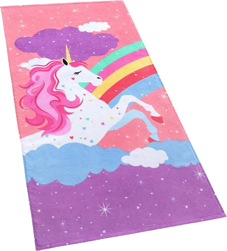 Softerry Toalla de playa de terciopelo con diseño de unicornio arcoíris para niños, 28 x 55 pulgadas, 100% algodón (1 toalla de 28 x 55 pulgadas,