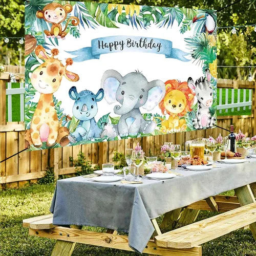 Miniatura 2 de Renaiss Cartel de feliz cumpleaños de 6 x 3.6 pies, decoración de fiesta infantil de animales salvajes de safari, selva tropical, decoración