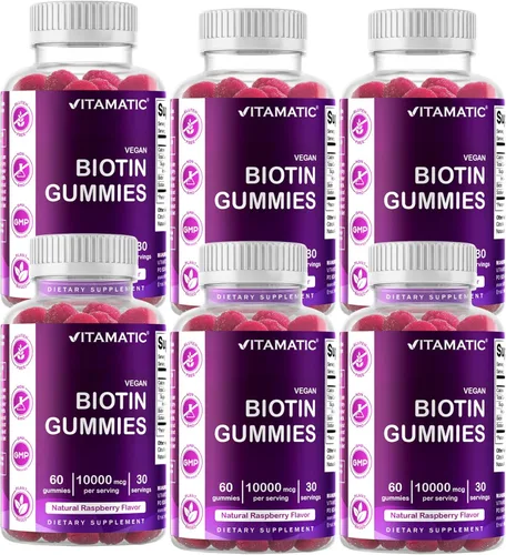 Vitamatic Gomitas de Biotina 10,000 mcg para Cabello, Piel y Uñas Más Fuertes - 60 Gomitas Veganas - También Llamada Vitamina B7 (6 Frascos)