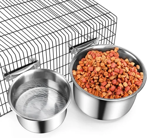 Caja de comida y agua para jaula y Cuenco, ShineMe 2 Pack Cuencos colgantes de acero inoxidable para jaulas, perreras, jaulas, Cuencos colgantes de