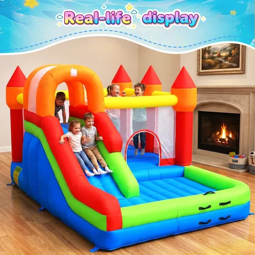 Miniatura 8 de Casa de rebote para niños con tobogán, casa inflable fácil de desinflar para niños pequeños, castillo de salto inflable al aire libre con soplador