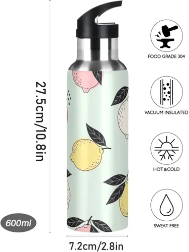 Miniatura 9 de BPA-Free Sports Water Bottle with Straw 20 Oz, Insulated Water Bottle for Gym Outdoor Travel School, Pastel Lemons Light Green