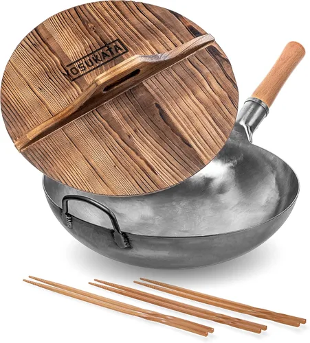 YOSUKATA Wok de fondo redondo plateado de 14 pulgadas + cubierta de wok premium de 14 pulgadas + palillos de cocina largos reutilizables de madera