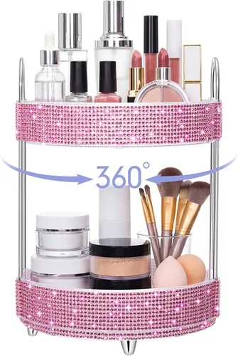 Miniatura 15 de Honeydak - Organizador de perfume giratorio de 360 grados, regalo para mujeres, organizador de cuidado de la piel con diamantes de imitación
