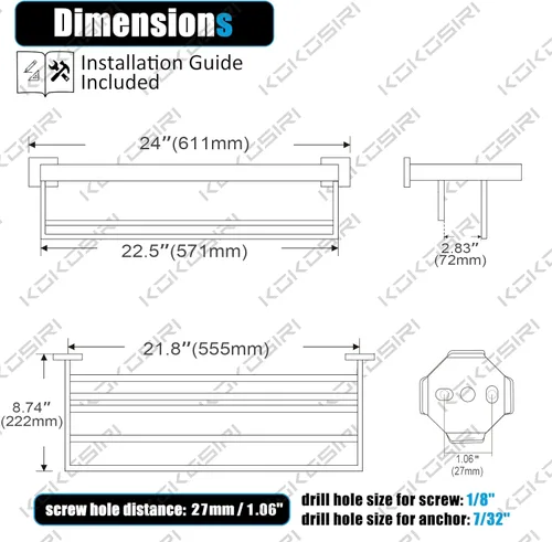 Miniatura 2 de KOKOSIRI Toallero negro mate de 24 pulgadas, estante de toalla de baño con barras de toalla dobles SUS304 de acero inoxidable montado en la pared