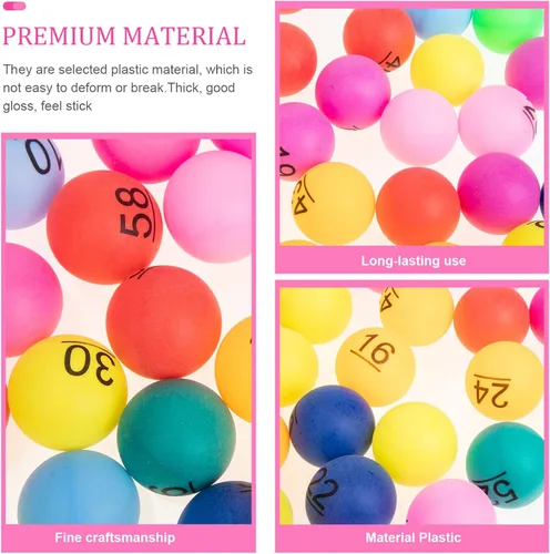 Miniatura 9 de Juego de bingo, bolas de juego de bingo, 60 unidades, bolas de rifa de 1 a 60 numeradas, multicolor, repuesto de plástico para accesorios de juego