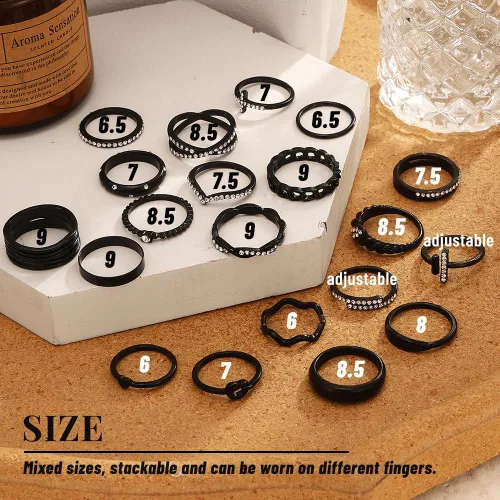 Miniatura 7 de KISS WIFE Juego de anillos dorados, plateados y negros para nudillos, para mujeres, delicados, simples, modernos, apilables, perfectos para apilar