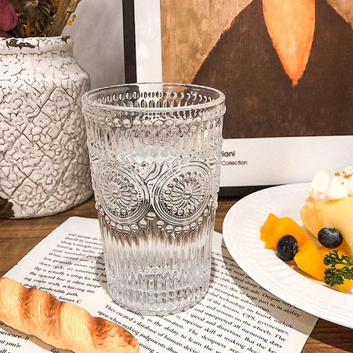 Miniatura 5 de MDLUU Vasos de agua en relieve, cristalería romántica, vasos de beber vintage, vasos de vidrio para jugo, bebidas, cóctel, capacidad de 12.5 onzas