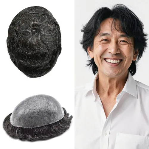 Miniatura 54 de Toupee - Sistema de reemplazo de cabello humano real de 0.004 in para hombres, con inyección, poliuretano duradero, piel fina, línea capilar