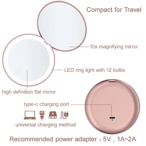 Miniatura 5 de Espejo compacto con luz LED, espejo recargable con aumento 1x/10x, 3.5 pulgadas, espejo de viaje regulable para bolso, bolsillo, espejo de Oro rosa