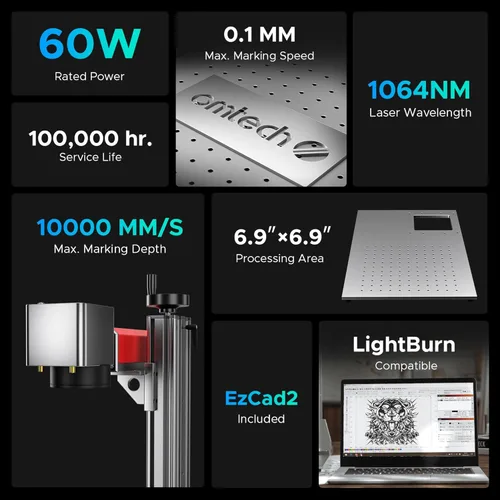 Miniatura 2 de OMTech Grabador láser de fibra de 60 W, máquina de grabado láser MOPA para marcado de metal de color de alto contraste, máquina de grabado láser