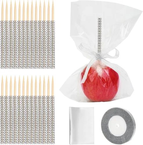 Miniatura 8 de Juego de 24 palitos de manzana de caramelo, 24P Bling Stick para brochetas de madera con diamantes de imitación de manzana con bolsas de 24 P/cinta