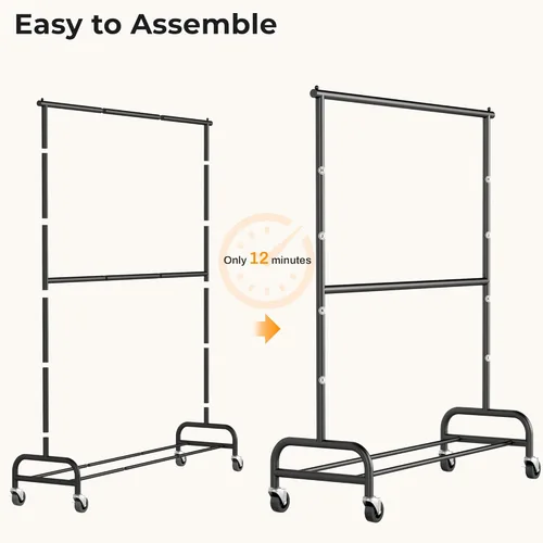 Miniatura 7 de MISSLO Perchero resistente para colgar ropa, perchero con ruedas para abrigo, ropa, negro mate (doble varilla)