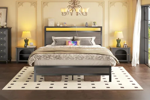 Miniatura 6 de Fluest Base de cama tamaño queen con cabecera y estribo, estación de carga integrada y luz LED, estante de almacenamiento, sin ruido, no necesita