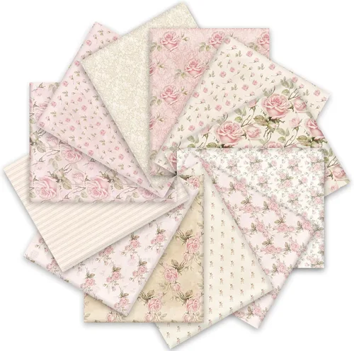 Whaline 12 piezas de paquetes de tela de algodón primaveral 18 x 22 pulgadas con flores retro impresas, cuartos grasos de patchwork de flores rosas