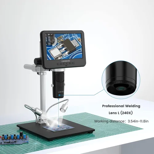 Miniatura 5 de LM246MS Microscopio digital HDMI de 3 lentes de 7 pulgadas para soldar, soporte de brazo de brazo de pluma de 13 pulgadas, video UHD 2160P 2000X