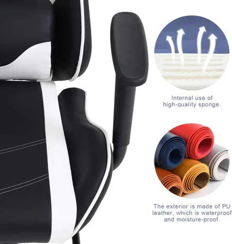 Miniatura 6 de HCY Silla ergonómica de respaldo alto, estilo carreras, con reposapiés, reposacabezas y soporte lumbar, altura ajustable, silla de oficina de piel