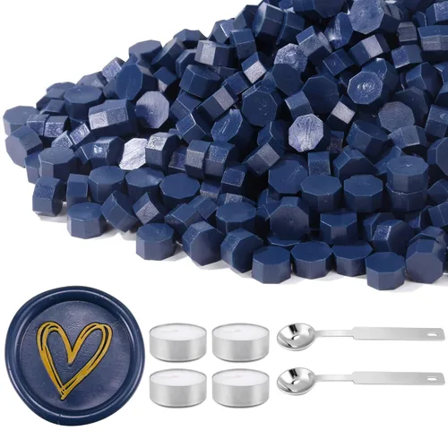 Miniatura 21 de Yoption Juego de 360 cuentas de cera de sellado azul para sello de cera con velas y cuchara de fusión Azul Metálico