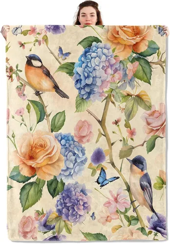 Manta ligera de pájaros y mariposas, regalos para amantes de la naturaleza, manta de franela con rosa colorida y hortensias impresas para sofá,