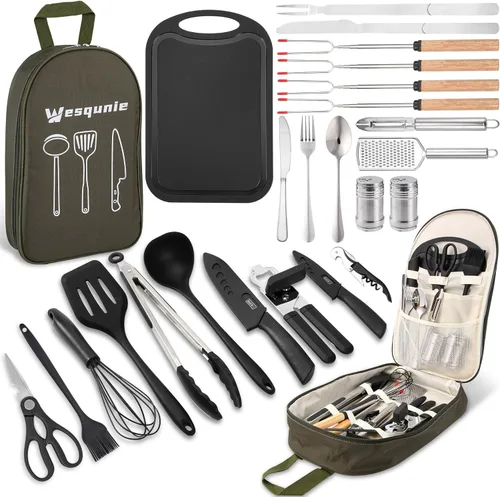 Wesqunie Camping Cooking Essentials Utensils Set - Camp Cookware Kitchen Accessories Kit, Camper Gear Must Haves, Stainless Steel & Silicone, RV Car
