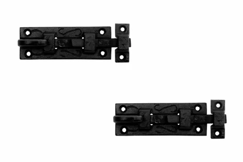 Miniatura 14 de Renovators Supply Manufacturing Pestillo de cerradura de puerta de 4 pulgadas. Pestillo de perno deslizante de hierro forjado negro con accesorios