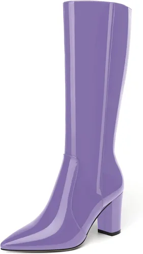 Miniatura 127 de AMBELIGHT Botas altas hasta la rodilla con cremallera y puntera puntiaguda para mujer, de patente sólida, tacón alto, 3.3 pulgadas