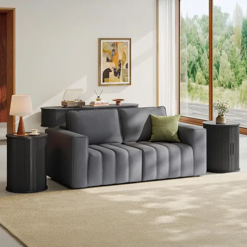 Miniatura 3 de LINSY HOME Mesa Auxiliar Redonda Acanalada, Mesa Lateral Alta con Puerta Tambour Deslizante y Estante de Almacenamiento, Mesita de Noche Moderna