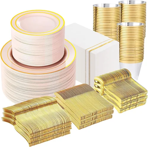 Miniatura 14 de GATHER 350 platos de plástico dorados. El juego de vajilla de plástico desechable blanco y dorado incluye 50 platos llanos, 50 platos de postre, 150