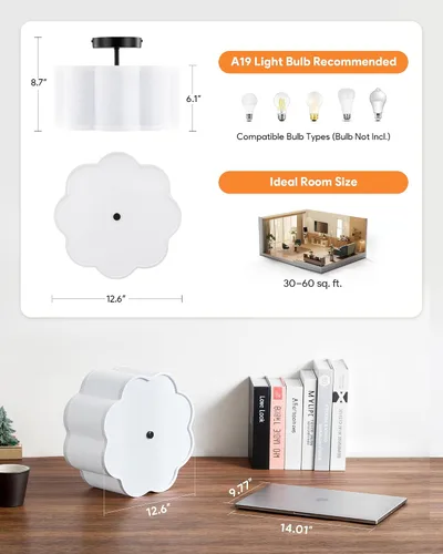 Miniatura 3 de VONLUCE Lámpara de techo semiempotrada de 12.6 pulgadas, moderna lámpara de techo de 3 luces con pantalla en forma de pétalos blancos, 3 enchufes